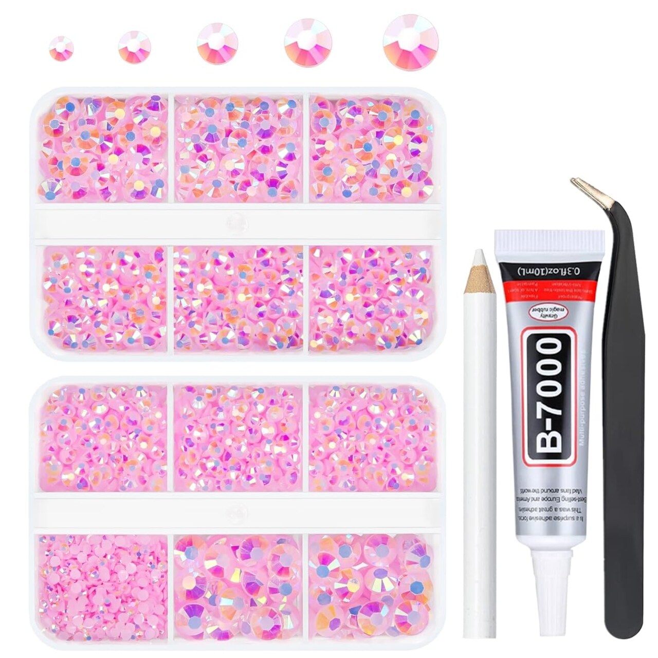 qiipii Light Pink AB Resin Rhinestones w B7000 Glue for Bedazzling Crafting Flatback Jelly Stones 2mm 3mm 4mm 5mm 6mm Diamonds Crystals Gems for Nails Face Eyes Makeup Tumblers Bottles Crafts Clothes